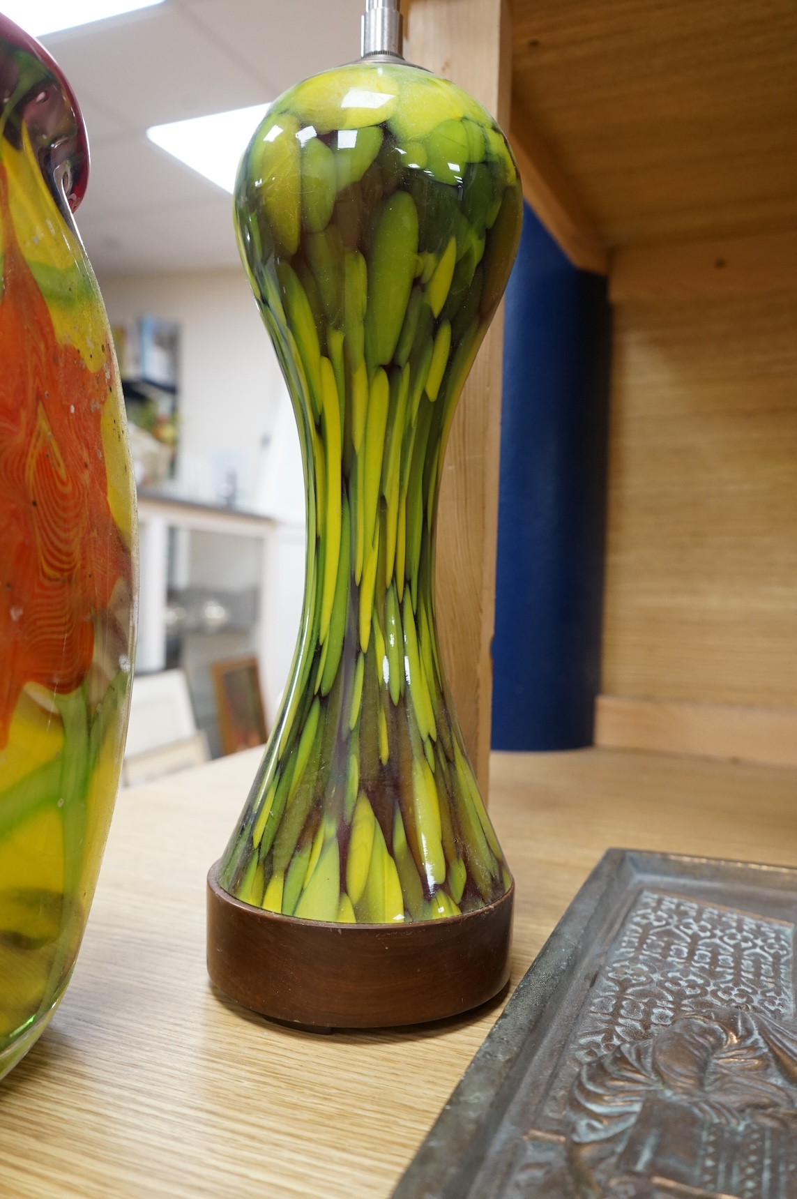 A faux glass lamp base with chome fitting and an art glass vase, lamp base 65cm high